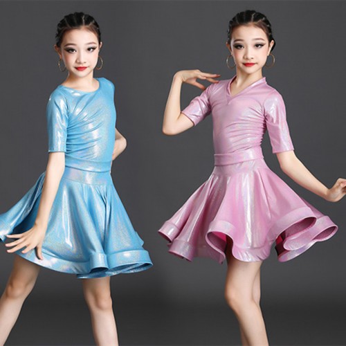 Girls  purple blue white glitter competition latin dance dresses stage performance latin rumba dance costumes for kids 